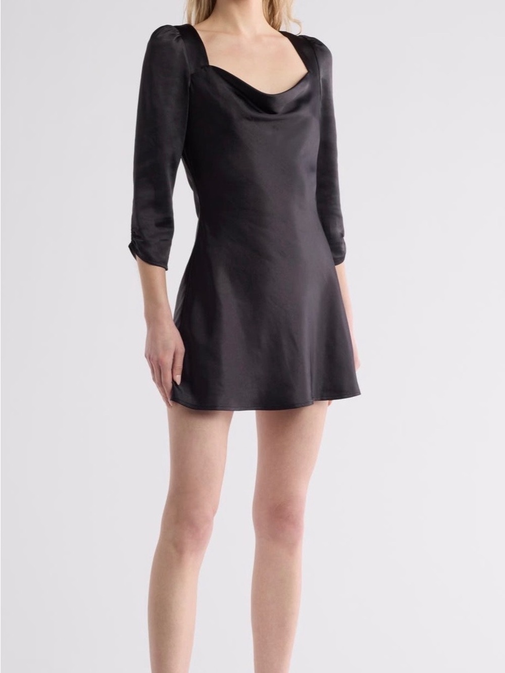 Lush Black Satin Cowl Mini Dress with Puff Shoulders